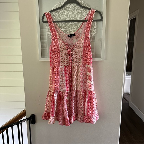 LULU'S Cache Creek Red Print Lace-Up Tiered Swing Dress - Picture 3 of 6